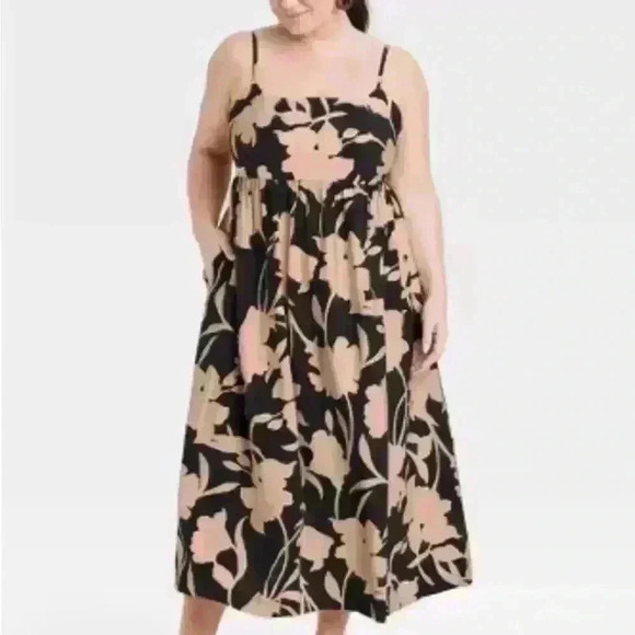 Women’s midi maxi dress black and tan floral pattern - Picture 1 of 5